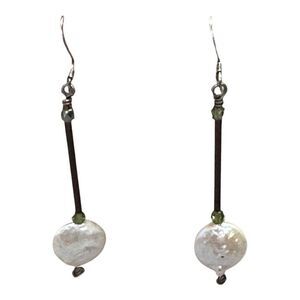 Handcrafted Baroque Pearl & Sterling Silver Drop Earrings Green Beads Modern